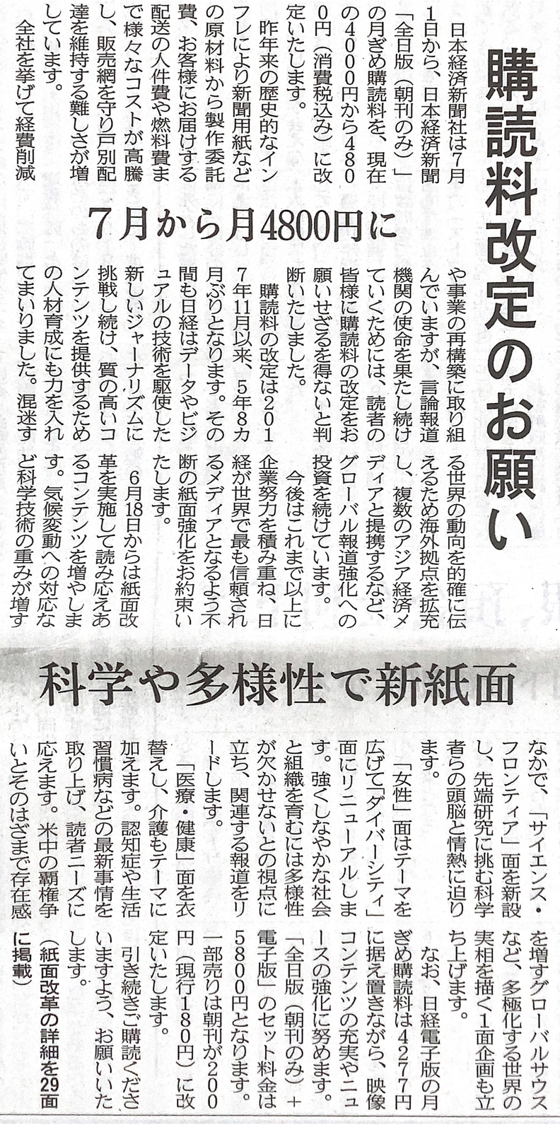 7月1日から日本経済新聞購読料改定のお願い | （株）道新若林